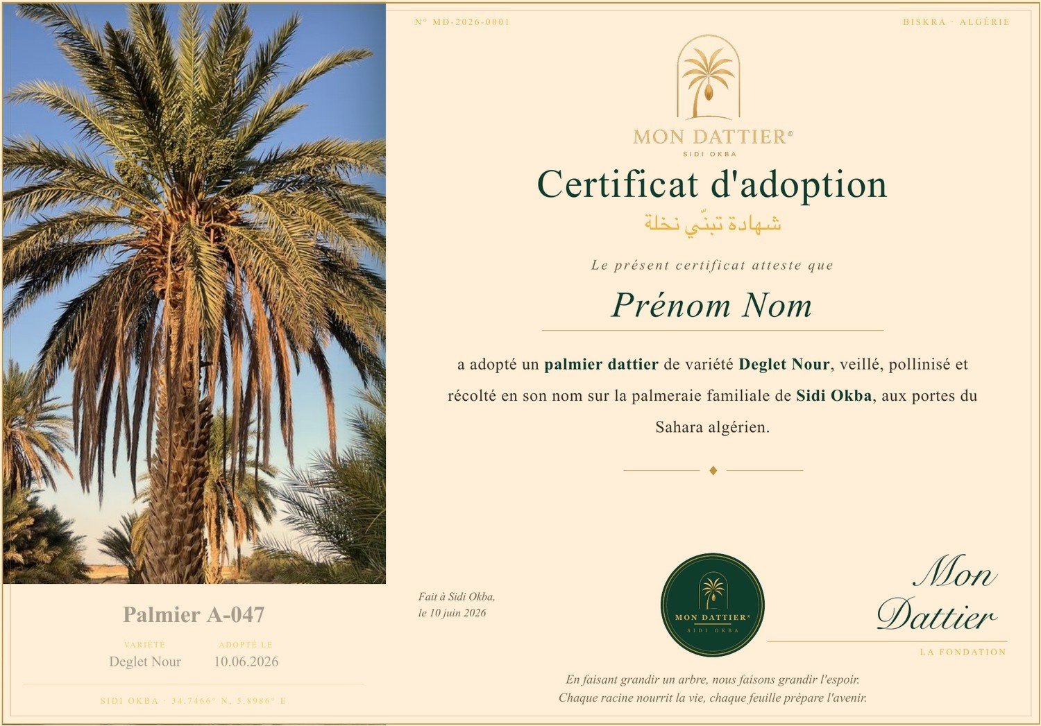 Certificat d’adoption nominatif Mon Dattier